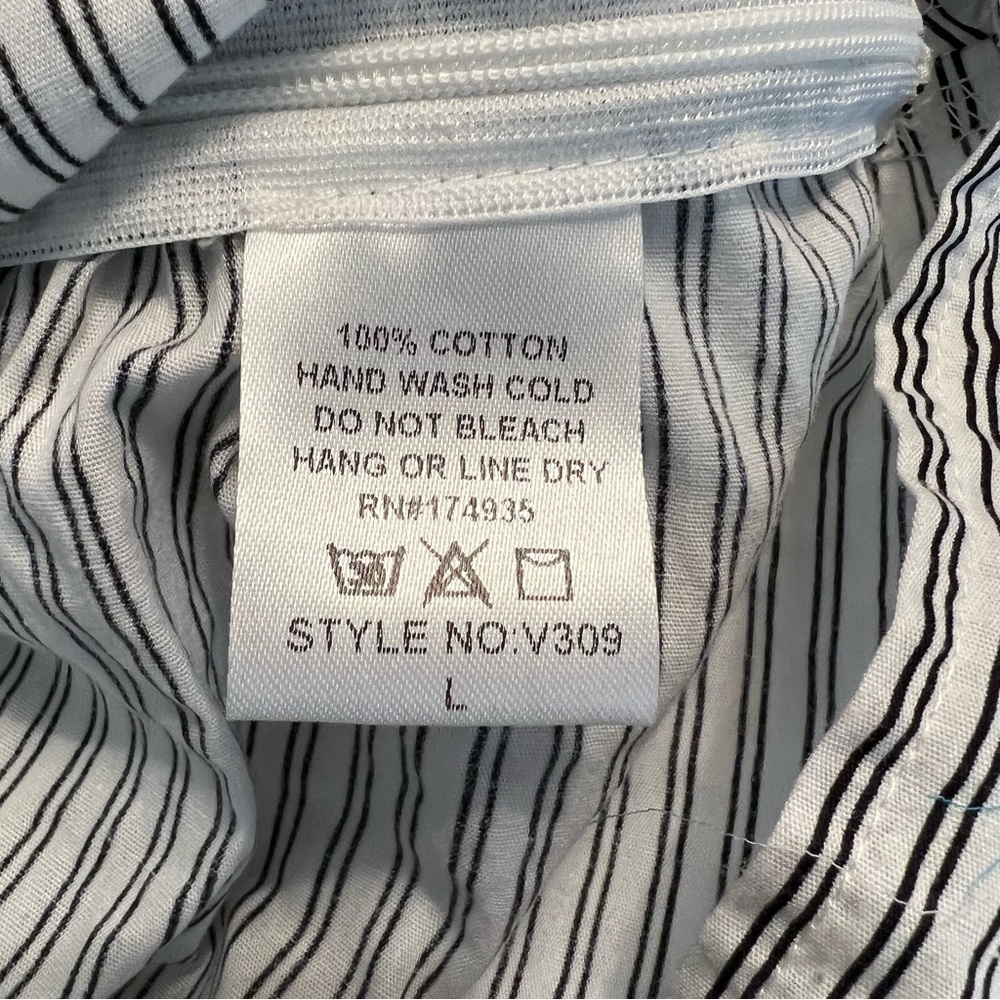 Renee C. Top Tiered Ruched Sleeves White Black Striped Belted V-Neck Cotton M - Picture 15 of 15